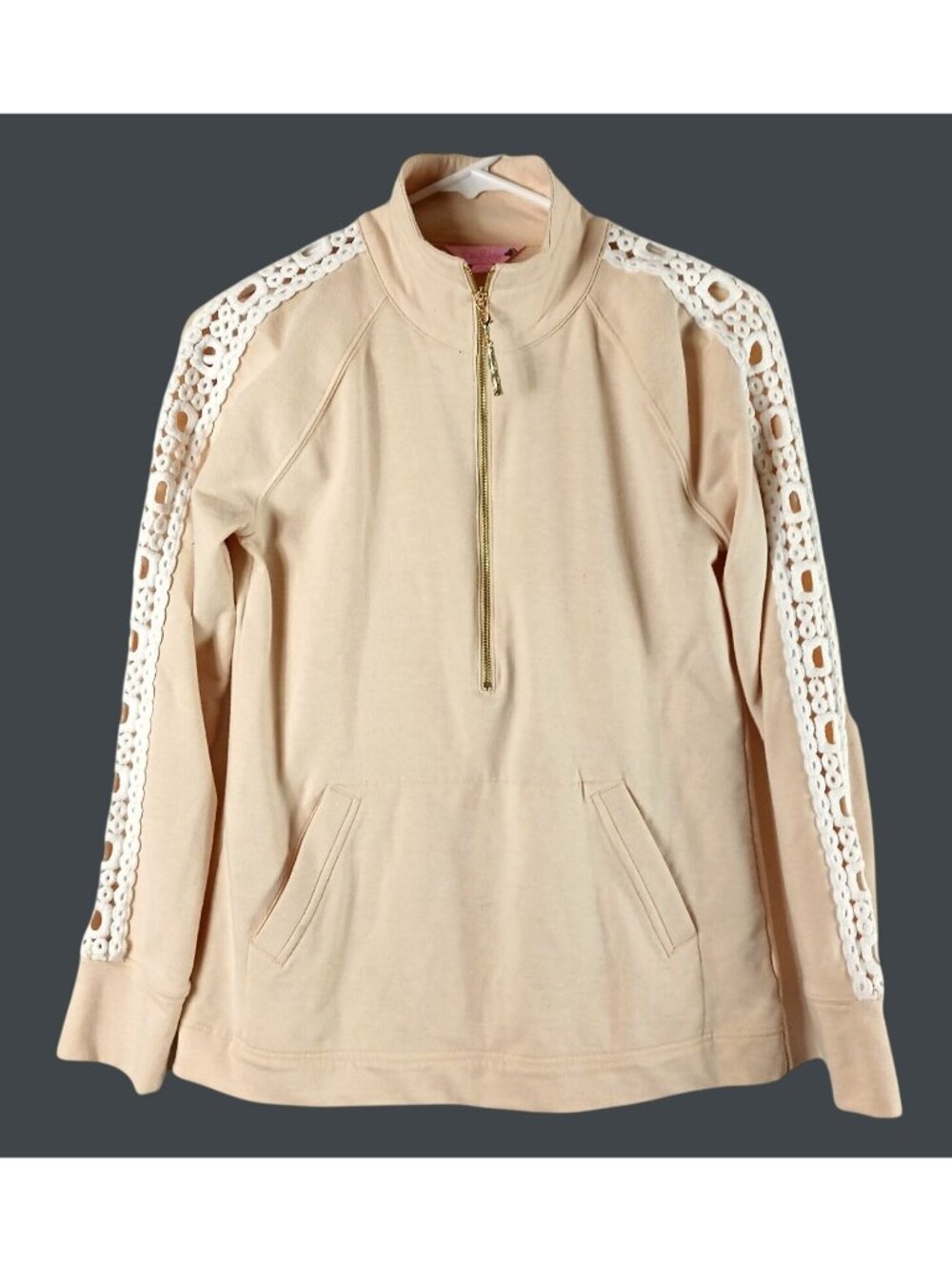 Lilly Pulitzer Skipper Lace Trim Popover Sweatshirt Womens XS Beige Resort Trave